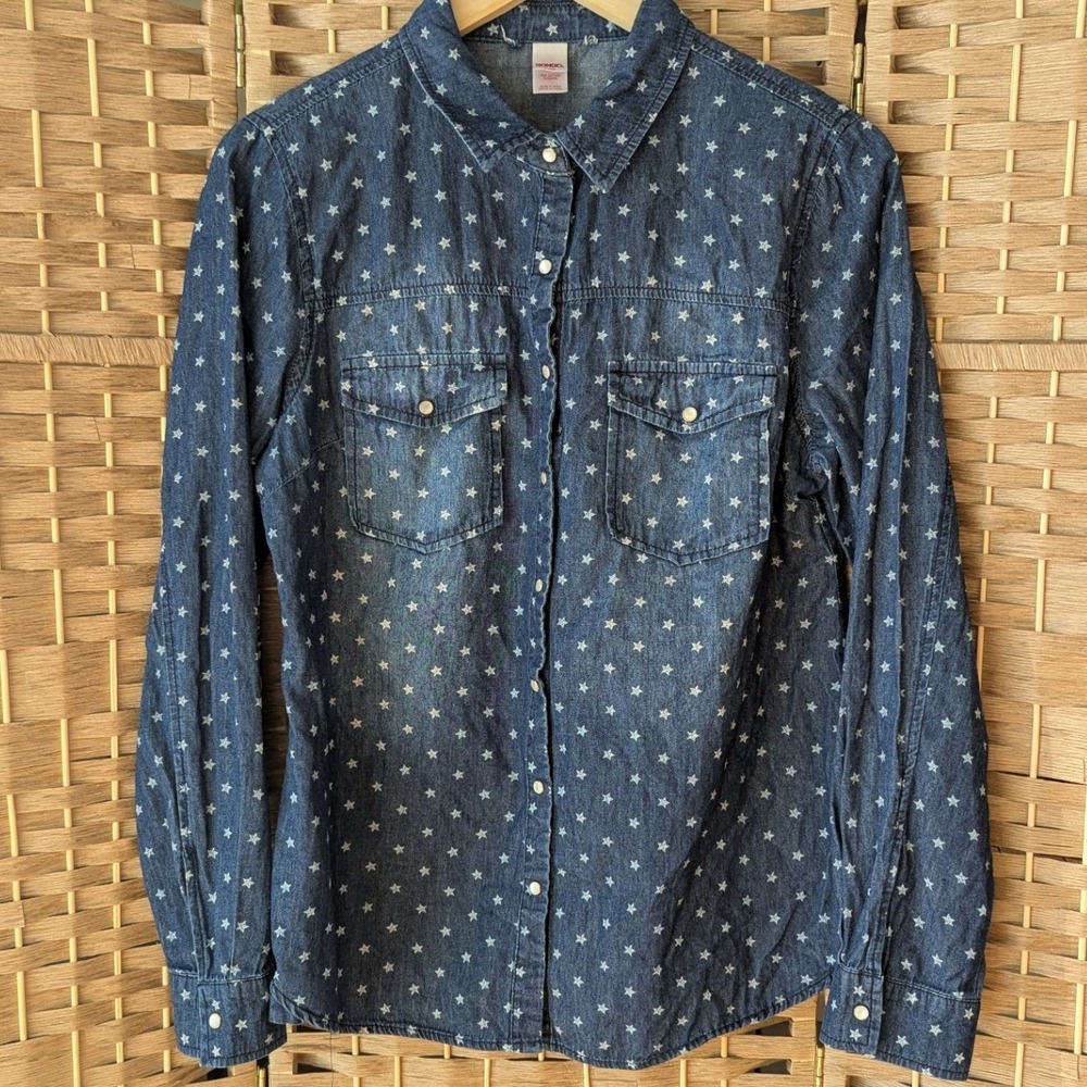 VTG Y2K Bongo Denim Western Button Up Shirt Long Sleeve Blue Star Print‎ Sz L